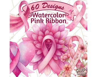 60 Png, Watercolor Pink Ribbon Clipart, Breast Cancer Awareness PNG, Hope Strength Faith Printable, Soft Feminine Ribbon, Cancer Support