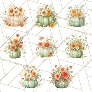 Op de afbeelding: Waterverfillustraties van pompoenen versierd met bloemen in tinten oranje, wit en groen. De pompoenen vari&euml;ren in kleur, sommige zijn wit en andere zachtgroen. De bloemstukken bevatten madeliefjes, dahlia's en andere seizoensbloemen.
