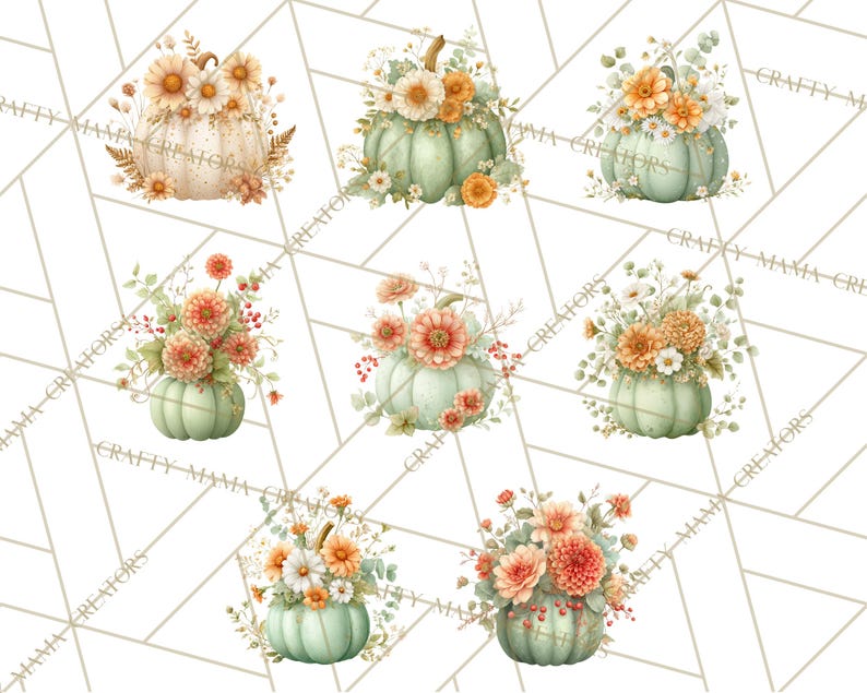 Op de afbeelding: Waterverfillustraties van pompoenen versierd met bloemen in tinten oranje, wit en groen. De pompoenen vari&euml;ren in kleur, sommige zijn wit en andere zachtgroen. De bloemstukken bevatten madeliefjes, dahlia's en andere seizoensbloemen.
