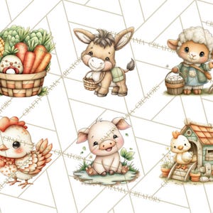 May include: Watercolor illustrations of farm animals, including a donkey, sheep, pig, and chicken. The image also features a basket of vegetables and a chicken coop. The artwork has a soft, pastel color palette.