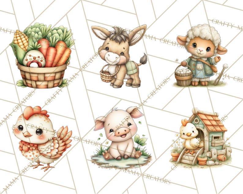 May include: Watercolor illustrations of farm animals, including a donkey, sheep, pig, and chicken. The image also features a basket of vegetables and a chicken coop. The artwork has a soft, pastel color palette.
