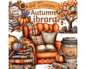 64 Png, Autumn Library PNG Clipart, Cozy Fall Books and Reading Decor, Bookish Autumn Illustrations, Fall Reading Clip Art for Printables