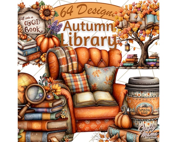 64 Png, Autumn Library PNG Clipart, Cozy Fall Books and Reading Decor, Bookish Autumn Illustrations, Fall Reading Clip Art for Printables