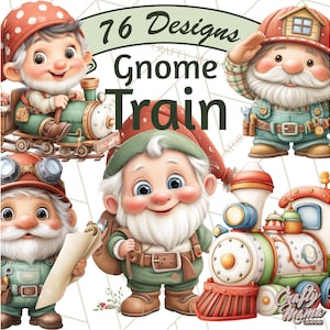 May include: A digital illustration featuring several gnomes with trains. The gnomes are depicted in various poses, wearing hats and overalls. The text "76 Designs Gnome Train" is displayed prominently. The overall color palette includes greens, reds, and browns.