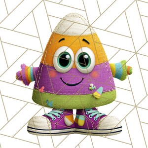 May include: A whimsical candy corn character with a smiling face, large green eyes, and colorful arms and legs. The character is wearing purple sneakers with blue laces and has a stitched design. The character is decorated with small butterflies.