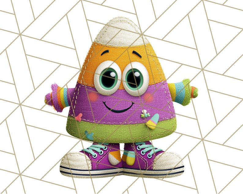 May include: A whimsical candy corn character with a smiling face, large green eyes, and colorful arms and legs. The character is wearing purple sneakers with blue laces and has a stitched design. The character is decorated with small butterflies.