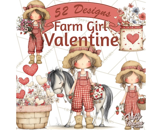 64 Png, Farm Girl Valentine Clipart, Cute Country Girl Gingham Clip Art, Pastel Watercolor Farm Animals, Rustic Hearts, Strawberry Valentine