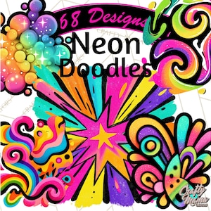May include: A vibrant digital art piece featuring the text "68 Designs Neon Doodles." The design showcases colorful, abstract shapes and patterns in neon hues, including pink, yellow, blue, and green, with a starburst and swirling elements.