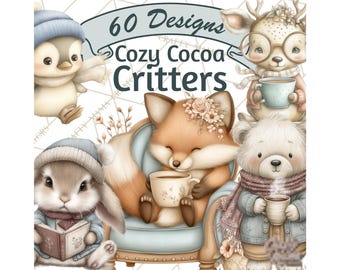 以下が含まれることがあります： ペンギン、シカ、キツネ、クマ、ウサギなど、6匹のかわいい「Cozy Cocoa Critters」が登場する水彩イラスト。各生き物は温かい飲み物と居心地の良い服装で描かれています。画像には「60 Designs」と「Cozy Cocoa Critters」という文字が含まれています。