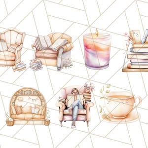 Op de afbeelding: Een digitale illustratie van een knusse leeshoek met verschillende elementen, waaronder een stoel met een stapel boeken, een kaars, een kopje thee en een persoon die in een stoel leest. De illustratie is gemaakt in aquarelstijl met zachte, gedempte kleuren.