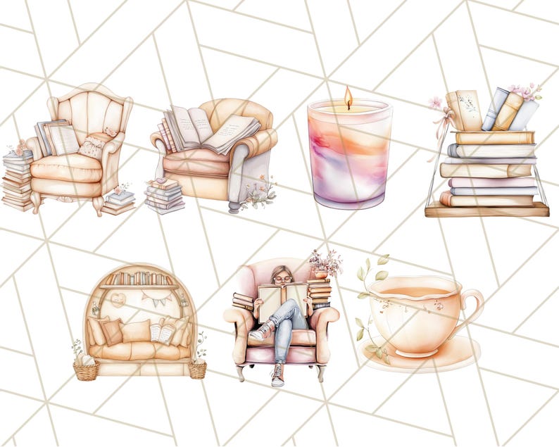 Op de afbeelding: Een digitale illustratie van een knusse leeshoek met verschillende elementen, waaronder een stoel met een stapel boeken, een kaars, een kopje thee en een persoon die in een stoel leest. De illustratie is gemaakt in aquarelstijl met zachte, gedempte kleuren.