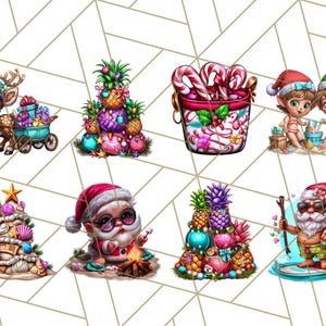 Op de afbeelding: Een verzameling grillige illustraties met een kerstthema. De afbeeldingen bevatten een rendier met een kar vol cadeaus, een ananas kerstboom, een emmer zuurstokken, twee elfen op een strand, een schelpen kerstboom en de kerstman.