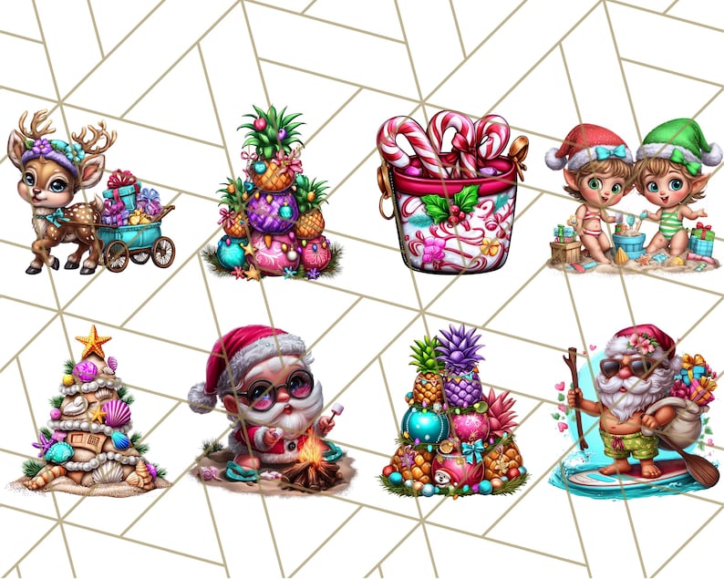 Op de afbeelding: Een verzameling grillige illustraties met een kerstthema. De afbeeldingen bevatten een rendier met een kar vol cadeaus, een ananas kerstboom, een emmer zuurstokken, twee elfen op een strand, een schelpen kerstboom en de kerstman.