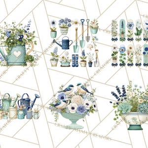 May include: A collection of watercolor illustrations featuring garden-themed elements. The images include watering cans, shovels, flower pots, and decorative floral arrangements in shades of blue, green, and white. The designs have a vintage, whimsical aesthetic.