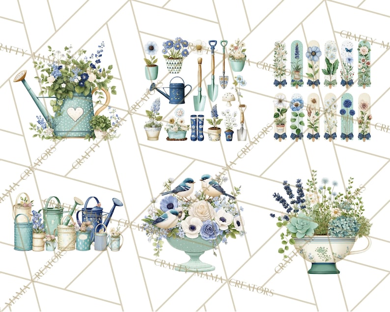 May include: A collection of watercolor illustrations featuring garden-themed elements. The images include watering cans, shovels, flower pots, and decorative floral arrangements in shades of blue, green, and white. The designs have a vintage, whimsical aesthetic.