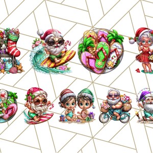 Op de afbeelding: Een verzameling grillige kerstillustraties. De kerstman wordt afgebeeld tijdens het surfen, fietsen en op het strand. Andere afbeeldingen zijn onder meer een kerstsok, slippers en een fruitmand. De illustraties zijn in cartoonstijl.