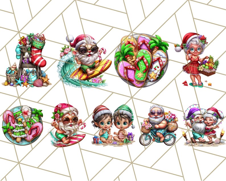 Op de afbeelding: Een verzameling grillige kerstillustraties. De kerstman wordt afgebeeld tijdens het surfen, fietsen en op het strand. Andere afbeeldingen zijn onder meer een kerstsok, slippers en een fruitmand. De illustraties zijn in cartoonstijl.
