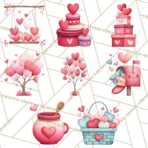 May include: Watercolor illustrations of Valentine's Day themed objects. The image includes a swing with heart-shaped balloons, stacked gift boxes, heart-shaped trees, a mailbox with heart-shaped envelopes, a jar with a heart, and a basket filled with hearts.