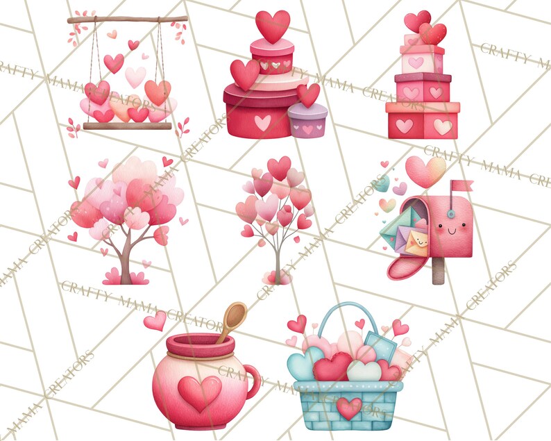 May include: Watercolor illustrations of Valentine's Day themed objects. The image includes a swing with heart-shaped balloons, stacked gift boxes, heart-shaped trees, a mailbox with heart-shaped envelopes, a jar with a heart, and a basket filled with hearts.