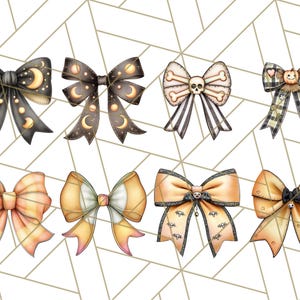 May include: A collection of eight decorative bows in various designs. The bows feature Halloween and celestial themes, with colors including black, orange, and cream. Some bows have moons, bats, and skull accents.