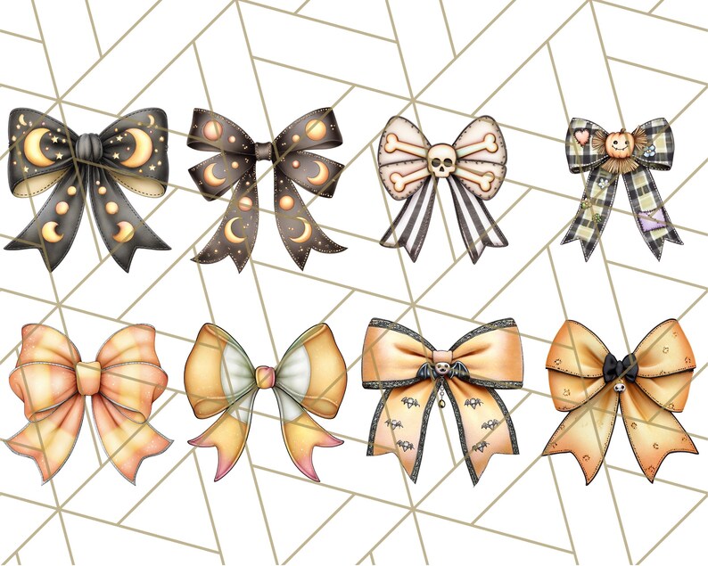 May include: A collection of eight decorative bows in various designs. The bows feature Halloween and celestial themes, with colors including black, orange, and cream. Some bows have moons, bats, and skull accents.