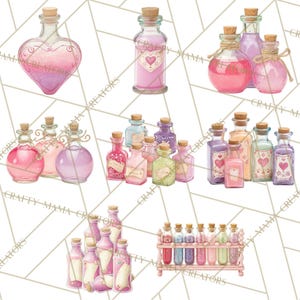 May include: A collection of watercolor illustrations of potion bottles in various shapes and sizes. The bottles are filled with colorful liquids and adorned with cork stoppers and heart-shaped labels. The color palette includes pinks, purples, and blues.