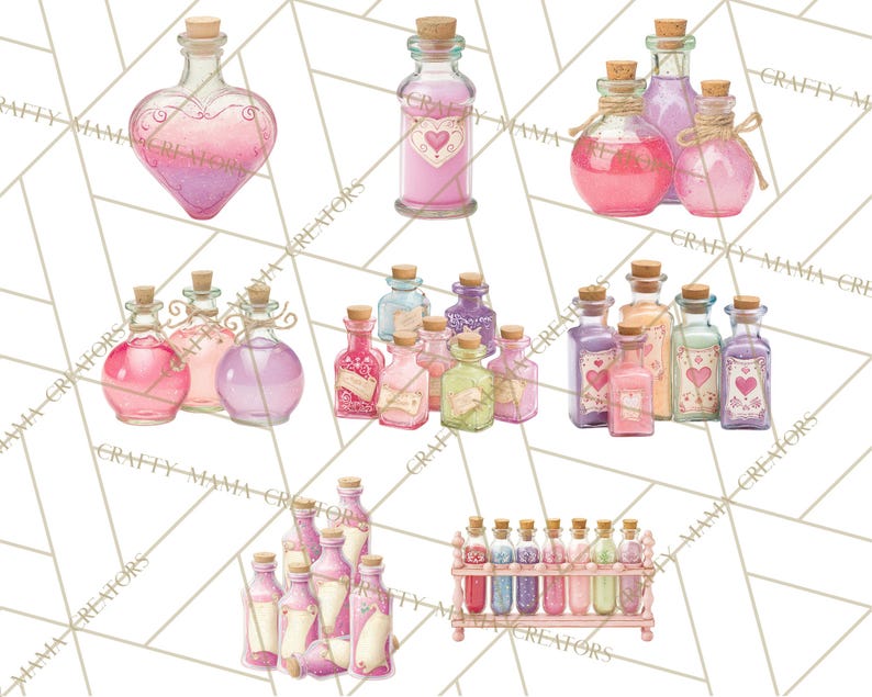 May include: A collection of watercolor illustrations of potion bottles in various shapes and sizes. The bottles are filled with colorful liquids and adorned with cork stoppers and heart-shaped labels. The color palette includes pinks, purples, and blues.