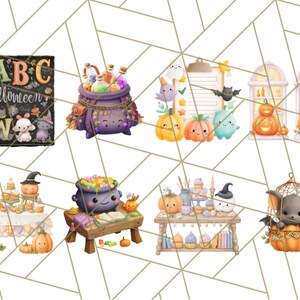Pu&ograve; includere: Una collezione di illustrazioni stravaganti a tema Halloween. Le immagini includono una lavagna con la parola "Halloween" e le lettere "ABC", un calderone, zucche, un pipistrello e altri simpatici personaggi. La tavolozza dei colori &egrave; tenue, con tonalit&agrave; arancioni, viola e verdi.