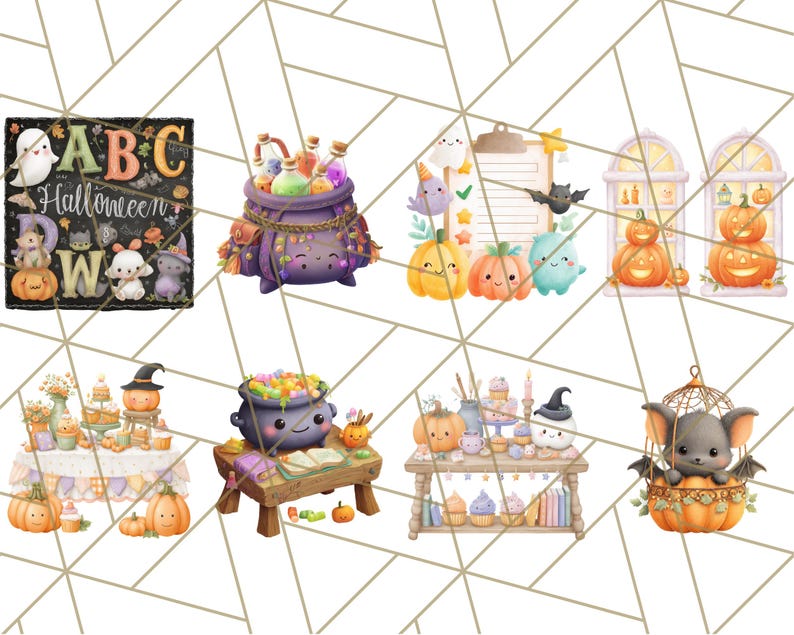 Pu&ograve; includere: Una collezione di illustrazioni stravaganti a tema Halloween. Le immagini includono una lavagna con la parola "Halloween" e le lettere "ABC", un calderone, zucche, un pipistrello e altri simpatici personaggi. La tavolozza dei colori &egrave; tenue, con tonalit&agrave; arancioni, viola e verdi.