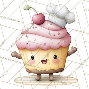 May include: A whimsical illustration of a cupcake character with a chef's hat and a cherry on top. The cupcake has a pink frosting, sprinkles, and a smiling face. It has arms and legs, standing on a striped surface. The background is a geometric pattern.