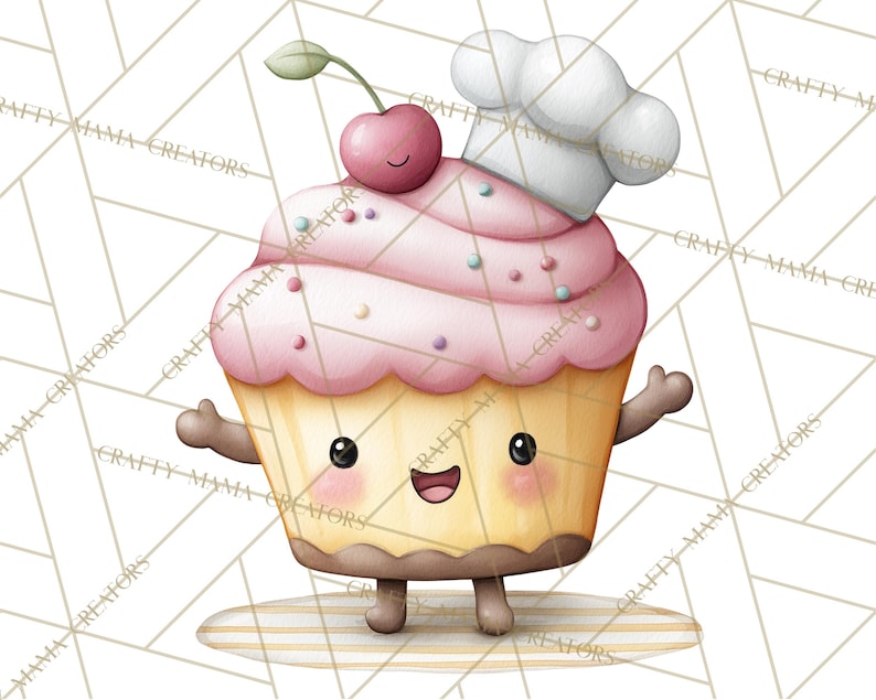 May include: A whimsical illustration of a cupcake character with a chef's hat and a cherry on top. The cupcake has a pink frosting, sprinkles, and a smiling face. It has arms and legs, standing on a striped surface. The background is a geometric pattern.