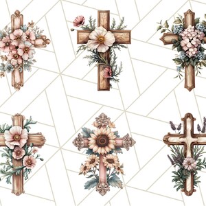 Aquarel bloemen christelijk kruis PNG, religieuze clipart voor sublimatie, op geloof gebaseerde digitale download, afdrukbare paaskruis, bloemenkruis afbeelding 4