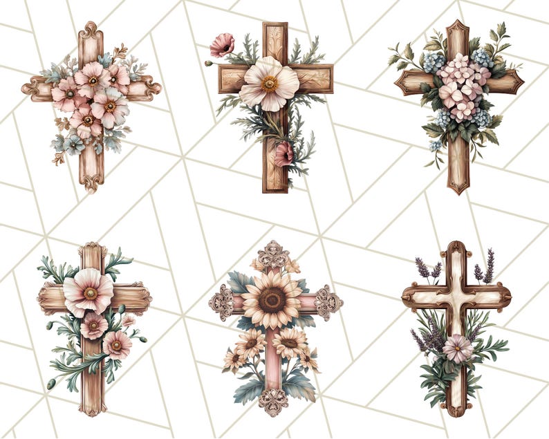 Aquarel bloemen christelijk kruis PNG, religieuze clipart voor sublimatie, op geloof gebaseerde digitale download, afdrukbare paaskruis, bloemenkruis afbeelding 4
