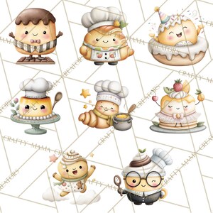 May include: A collection of whimsical watercolor illustrations featuring anthropomorphic baked goods. Each character is depicted with a chef's hat and smiling face, including a croissant, pudding, and pancake, with various accessories and expressions.