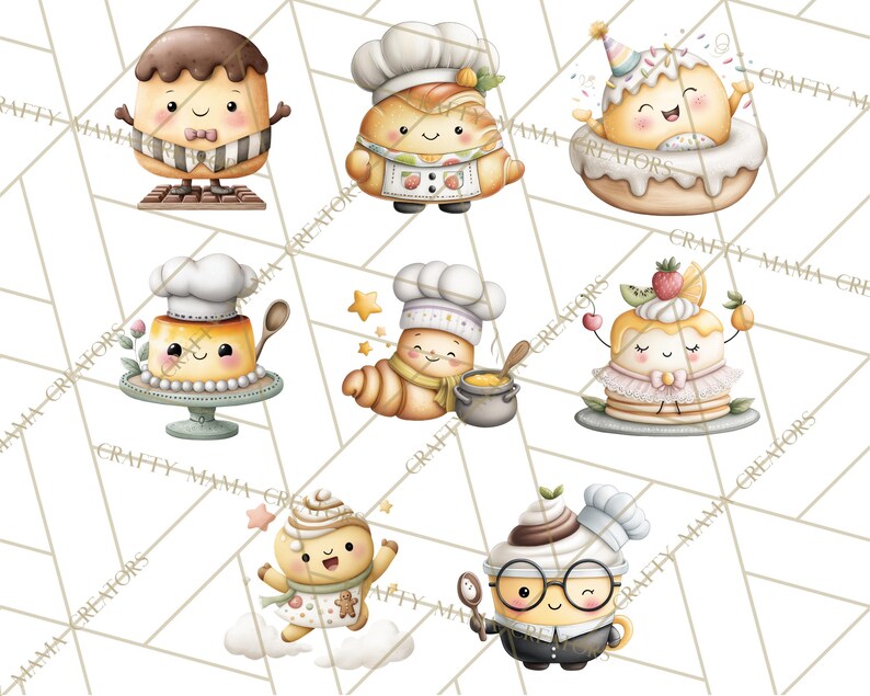 May include: A collection of whimsical watercolor illustrations featuring anthropomorphic baked goods. Each character is depicted with a chef's hat and smiling face, including a croissant, pudding, and pancake, with various accessories and expressions.