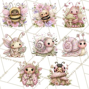 May include: A collection of watercolor illustrations featuring adorable, cartoon-like insects and snails. The characters include bees, butterflies, and ladybugs, all in soft pastel colors, surrounded by flowers and foliage. The overall theme is whimsical and cute.