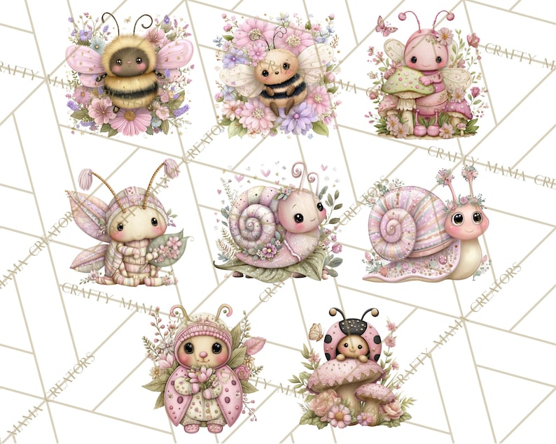 May include: A collection of watercolor illustrations featuring adorable, cartoon-like insects and snails. The characters include bees, butterflies, and ladybugs, all in soft pastel colors, surrounded by flowers and foliage. The overall theme is whimsical and cute.