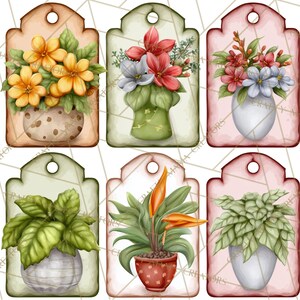 May include: Six decorative tags featuring watercolor illustrations of potted plants and flowers. Each tag has a unique color scheme and design, including yellow flowers, red flowers, and green foliage. The tags are ideal for crafting or gift-giving.