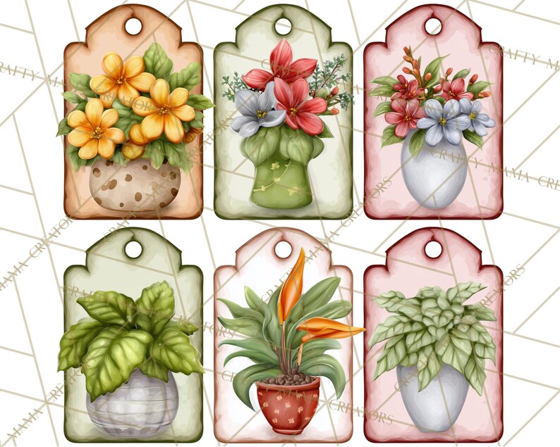 May include: Six decorative tags featuring watercolor illustrations of potted plants and flowers. Each tag has a unique color scheme and design, including yellow flowers, red flowers, and green foliage. The tags are ideal for crafting or gift-giving.