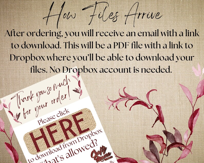 May include: A digital download information graphic with text that reads "How Files Arrive." It explains the download process, including a link to Dropbox. A card reads "Thank you so much for your order!" with a "HERE" button.