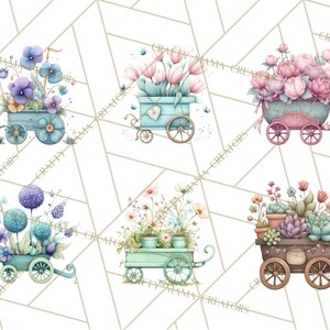 K&ouml;nnte beinhalten: Aquarellillustrationen von dekorativen Blumenwagen in Pastellfarben. Jeder Wagen ist mit verschiedenen Arten von Blumen und Pflanzen gef&uuml;llt, darunter Tulpen, Pfingstrosen und Sukkulenten. Die Wagen sind hellblau, gr&uuml;n und braun, mit Holzr&auml;dern.