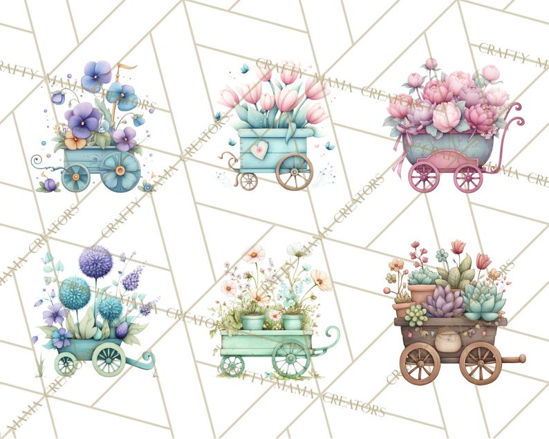 K&ouml;nnte beinhalten: Aquarellillustrationen von dekorativen Blumenwagen in Pastellfarben. Jeder Wagen ist mit verschiedenen Arten von Blumen und Pflanzen gef&uuml;llt, darunter Tulpen, Pfingstrosen und Sukkulenten. Die Wagen sind hellblau, gr&uuml;n und braun, mit Holzr&auml;dern.