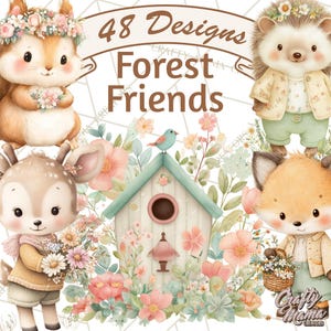 48 imágenes PNG, imágenes prediseñadas de animales bebés del bosque, decoración de guardería con temática de bosque, lindas criaturas del bosque, imágenes prediseñadas PNG de zorro bebé, oso y conejito, descarga digital imagen 1