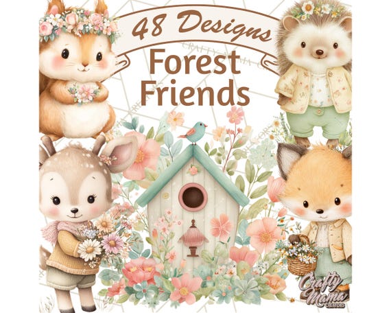 48 Png, Baby Woodland Animals Clipart, Forest Nursery Decor, Cute Woodland Creatures, Baby Fox Bear Bunny Clip Art PNG, Digital Download