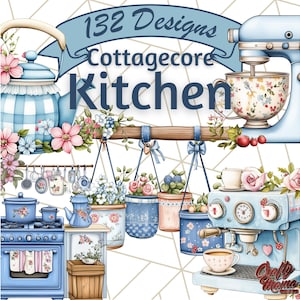 Puede incluir: Ilustración en acuarela de una cocina cottagecore. Presenta una tetera a cuadros azules y blancos, una batidora de pie y una máquina de espresso. La imagen incluye el texto "132 Designs Cottagecore Kitchen."