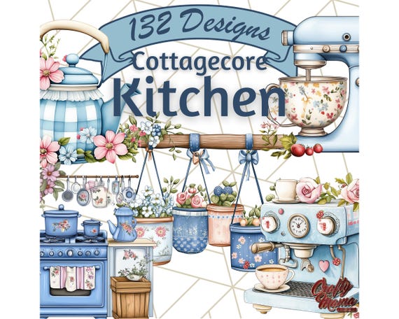 Blue Cottagecore Kitchen Clipart, Floral Kitchen PNG, Vintage Kitchen Utensils, Rustic Dishes, Country Cooking Elements, Cozy Kitchen Decor