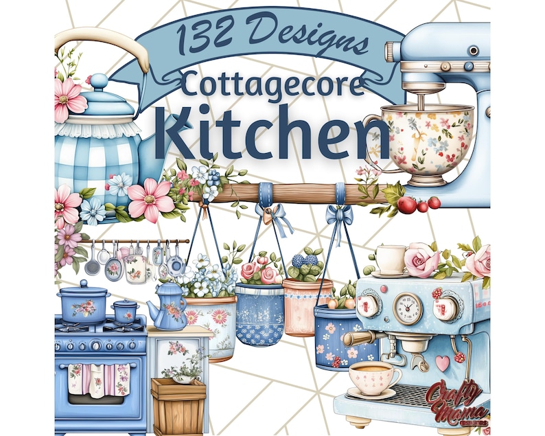 Blå Cottagecore kök Clipart, blommig kök PNG, vintage köksredskap, rustika rätter, lantliga matlagningselement, mysig köksinredning bild 1