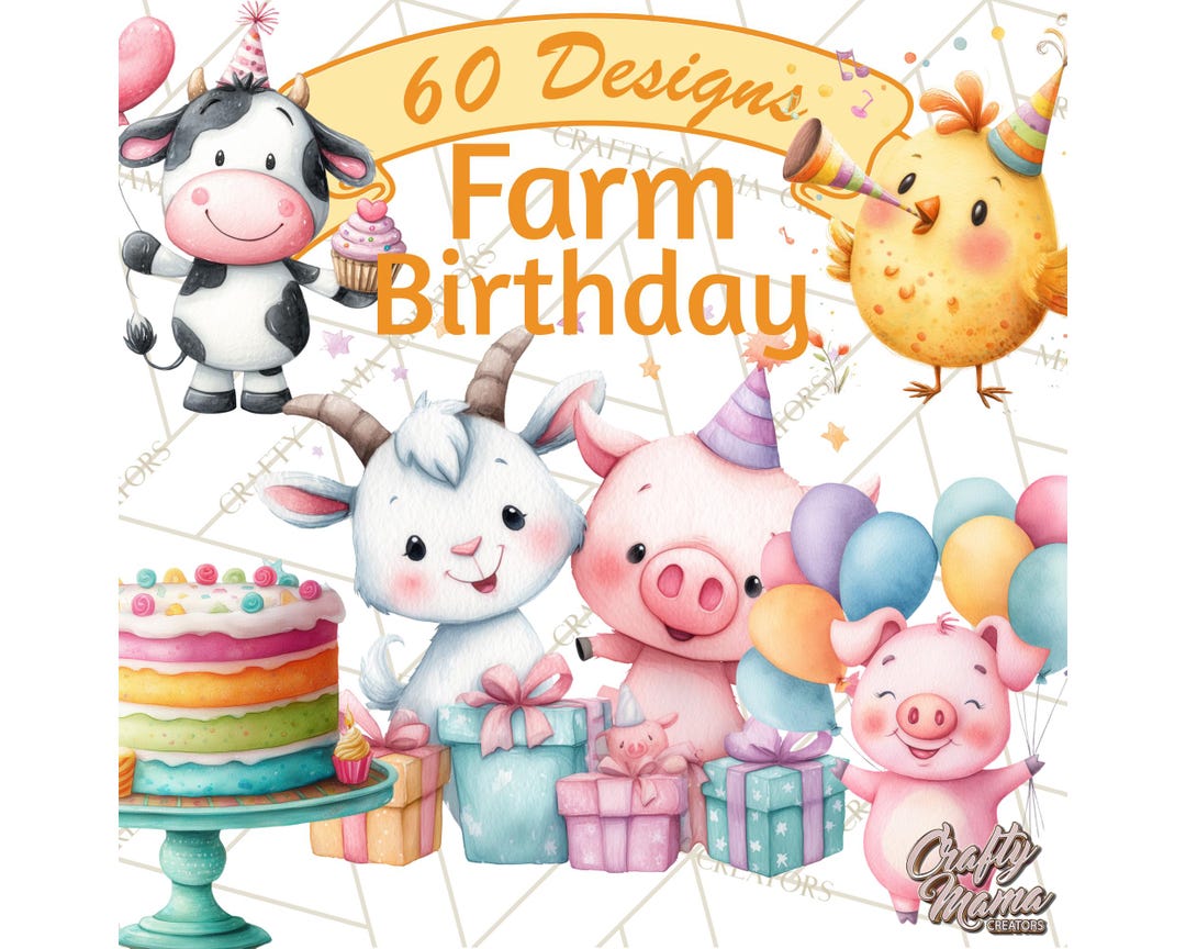 60 Png, Farm Birthday Clipart PNG, Watercolor Farm Animals Birthday ...