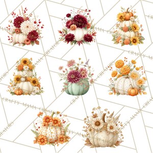 Op de afbeelding: Waterverfillustraties van pompoenen versierd met bloemen in verschillende arrangementen. De pompoenen zijn wit, groen en oranje, met bloemaccenten in tinten rood, geel en cr&egrave;me. De afbeelding heeft een herfstthema.