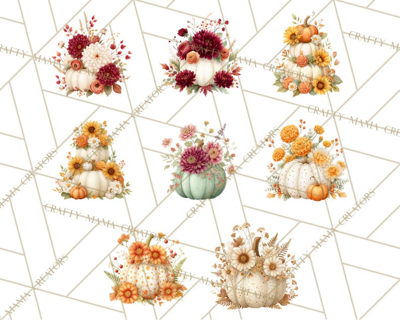 Op de afbeelding: Waterverfillustraties van pompoenen versierd met bloemen in verschillende arrangementen. De pompoenen zijn wit, groen en oranje, met bloemaccenten in tinten rood, geel en cr&egrave;me. De afbeelding heeft een herfstthema.